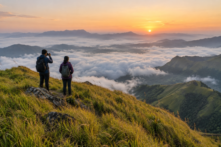 Trekkers on a Meesapulimala ridge at sunrise
