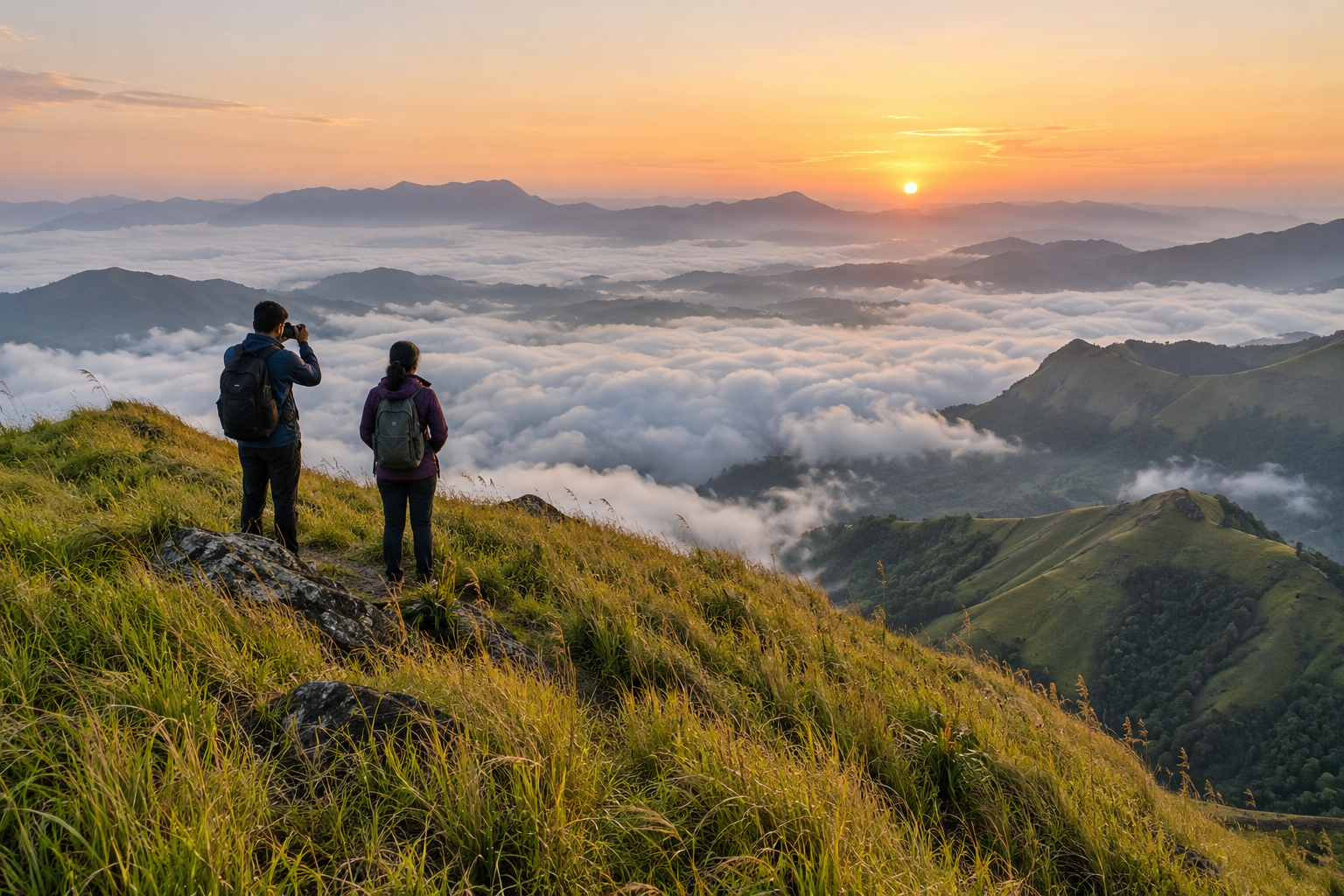 Trekkers on a Meesapulimala ridge at sunrise